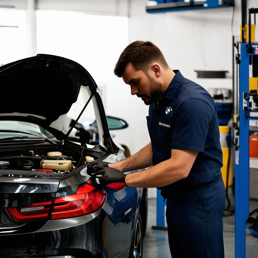 Automechaniker repariert BMW 3er G80 in Werkstatt