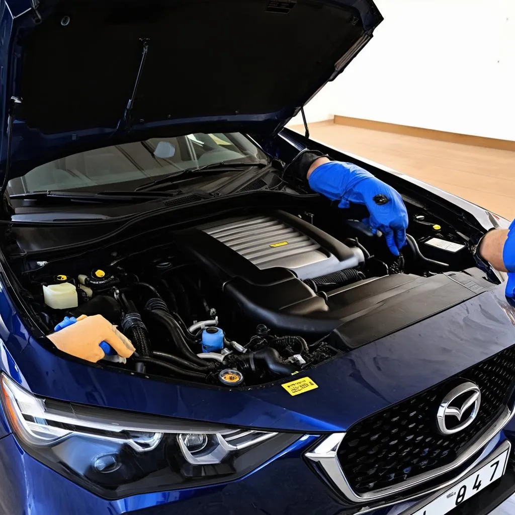 Ein Automechaniker inspiziert den Motor eines Mazda CX-60