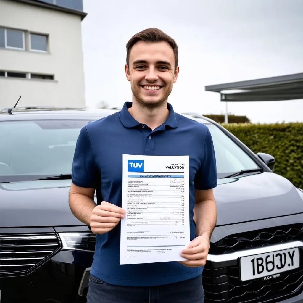 Ein Mann steht lächelnd neben seinem Auto und hält ein TÜV-Wertgutachten in der Hand