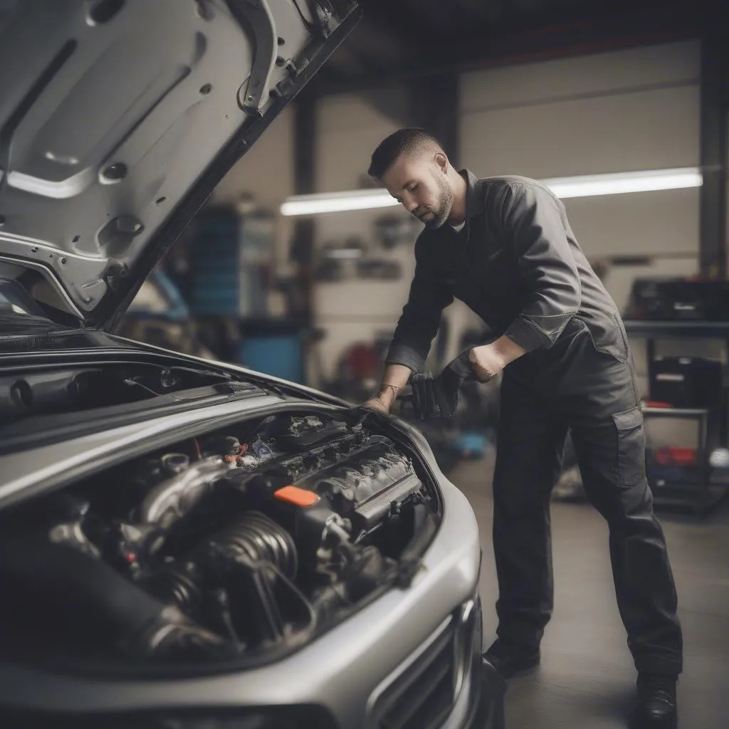 Automechaniker repariert ein Auto in einer Werkstatt