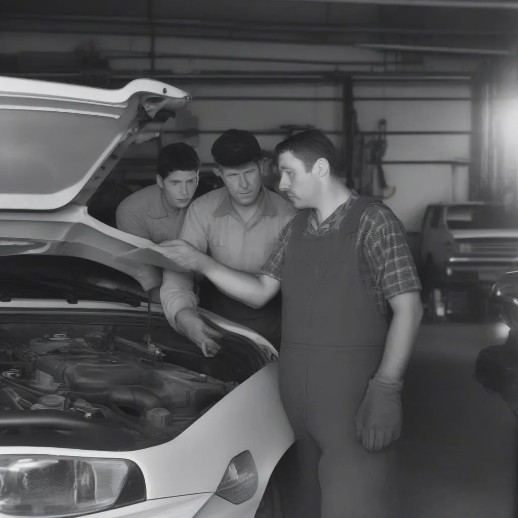 Automechaniker berät Kunden in einer Werkstatt