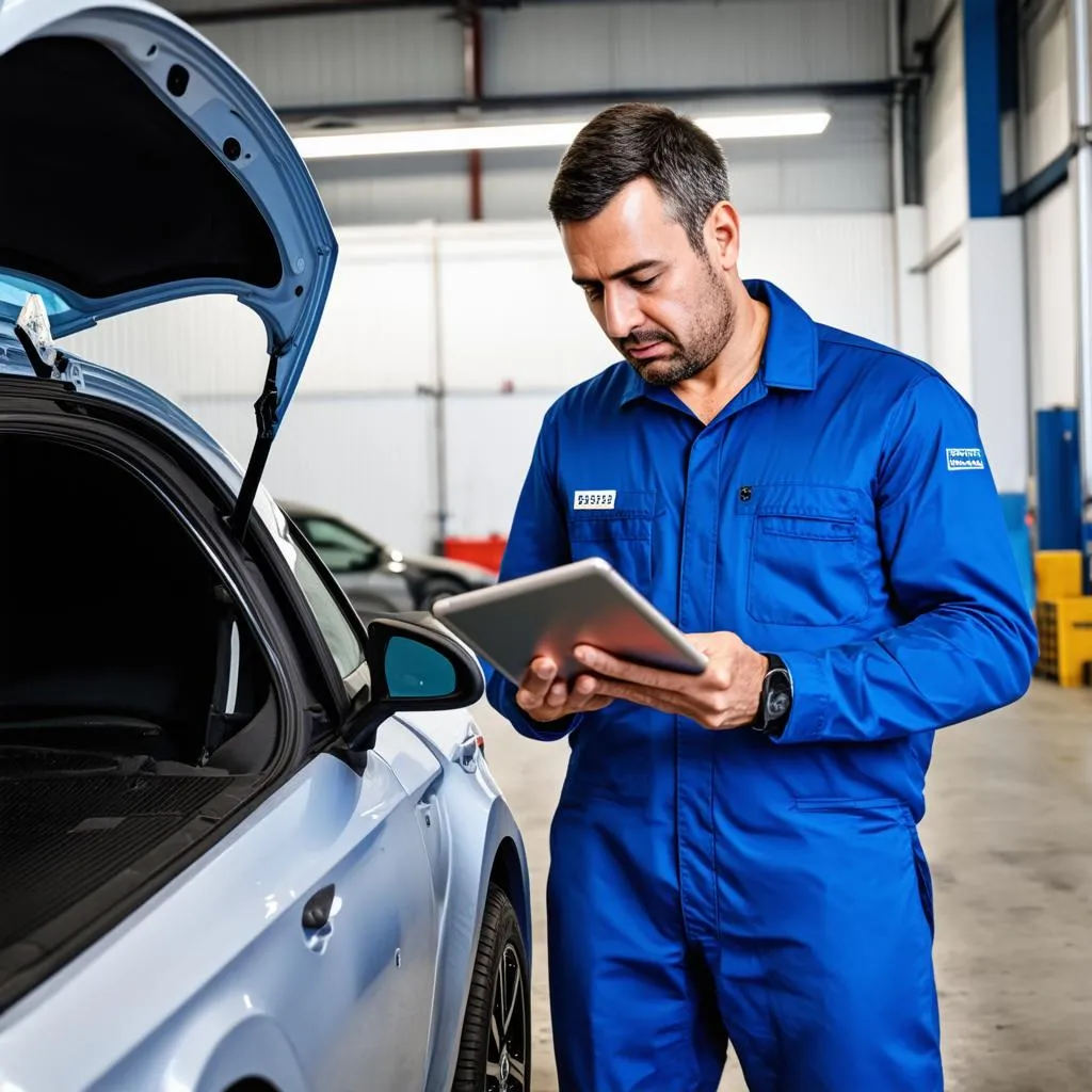 Automechaniker betrachtet eine Bewertung auf einem Tablet