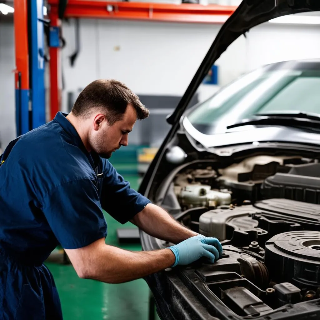 KFZ Mechaniker arbeitet an einem Auto in einer Werkstatt