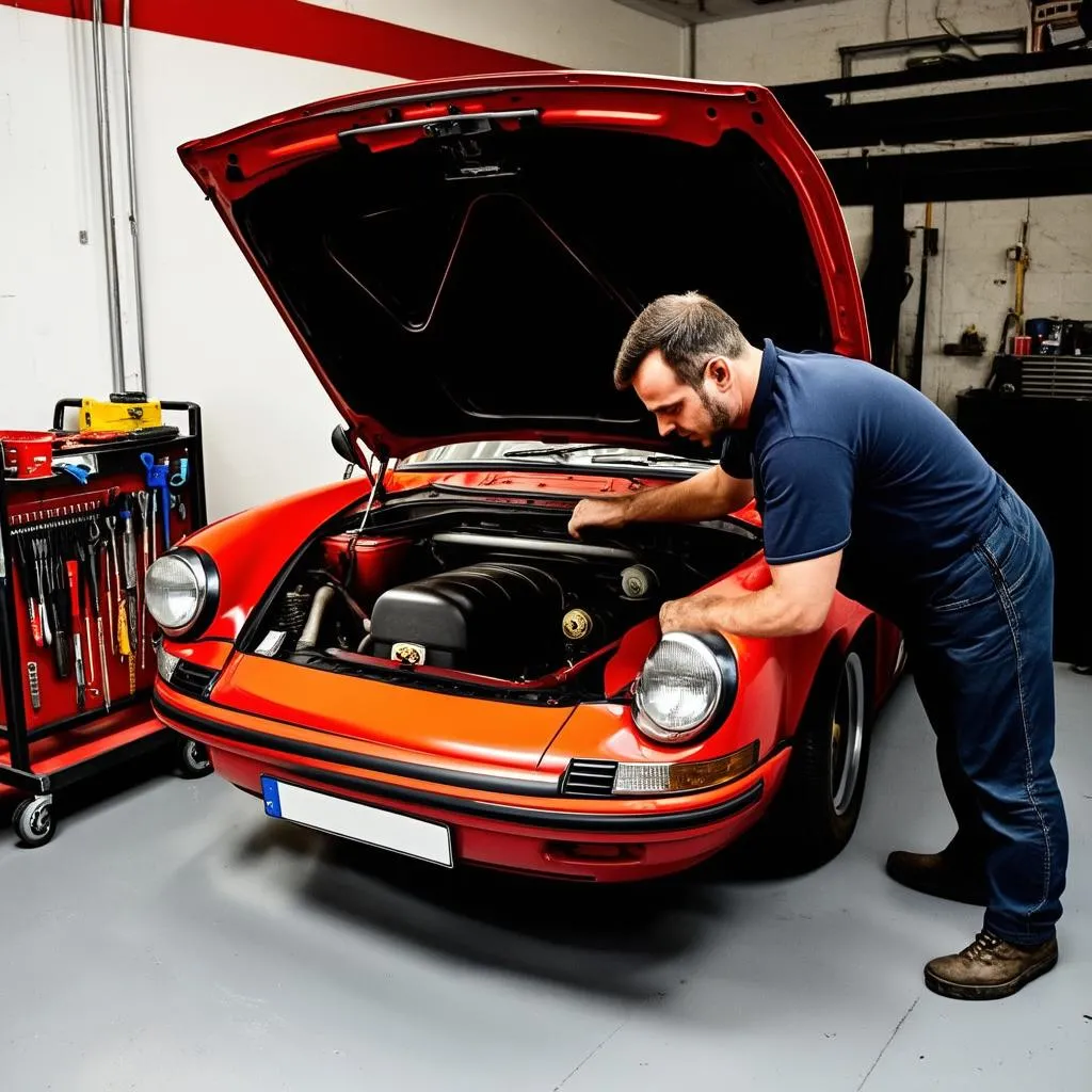 Mechanic inspecting a Porsche 911 engine