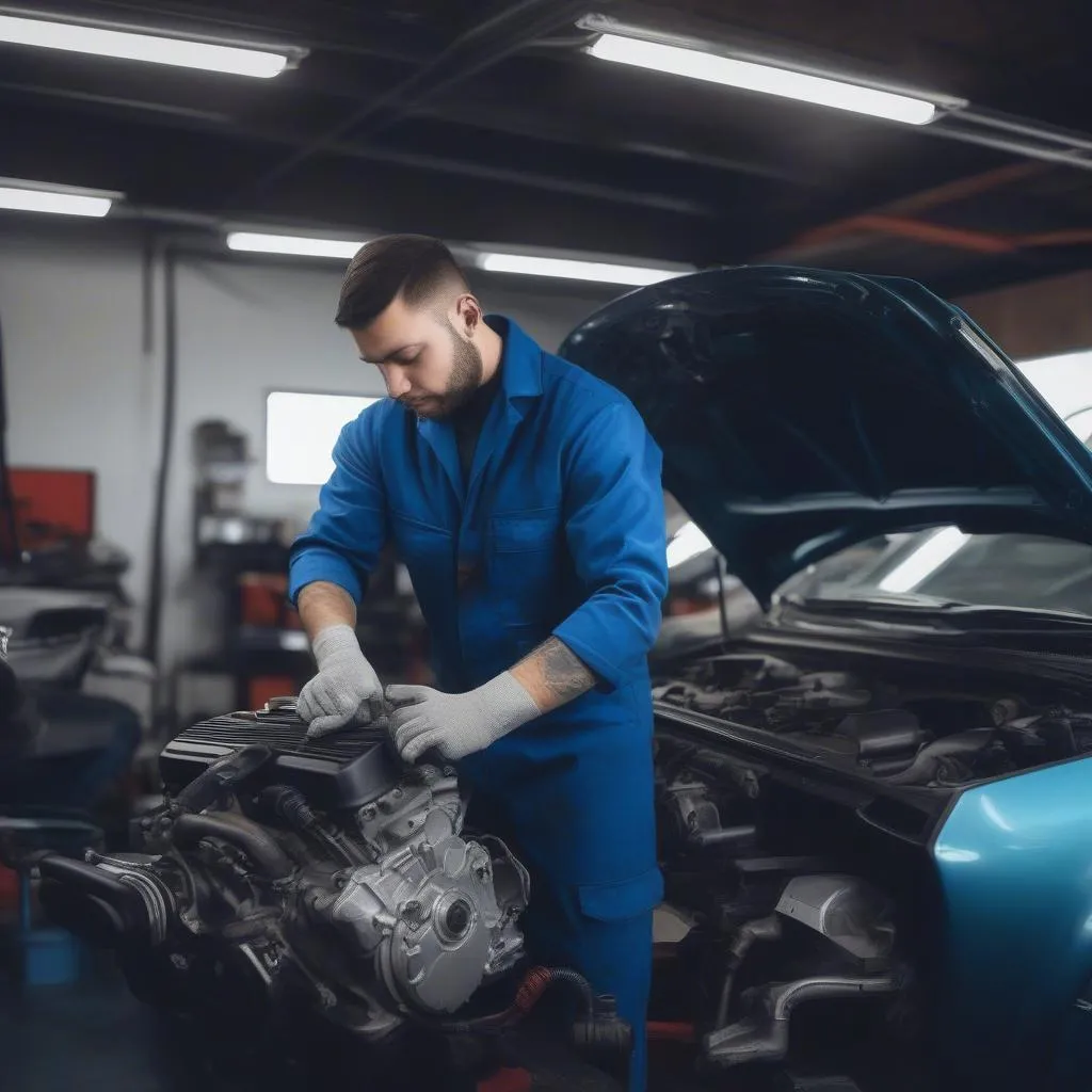 Automechaniker arbeitet an einem Motor in der Werkstatt