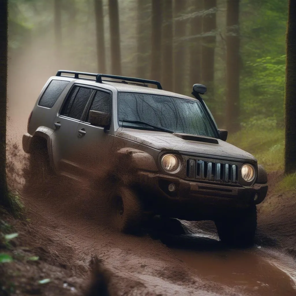 Ein SUV fährt durch unwegsames Gelände