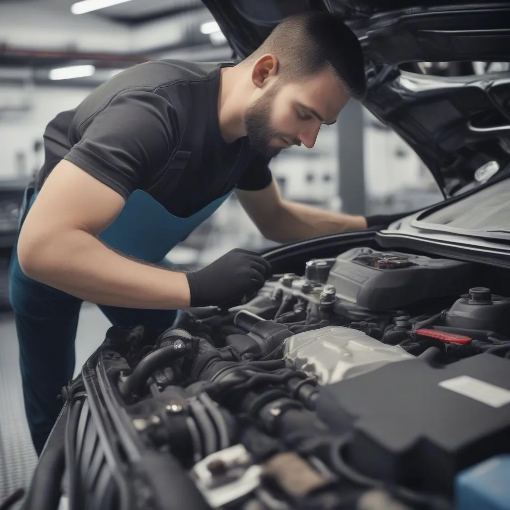 Wartung im Motorraum eines Audi A6 C7