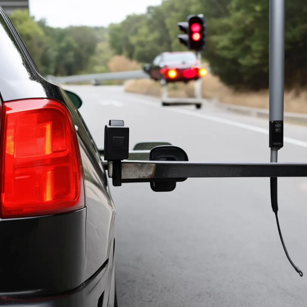 Auto mit Notbremsassistent an einer roten Ampel