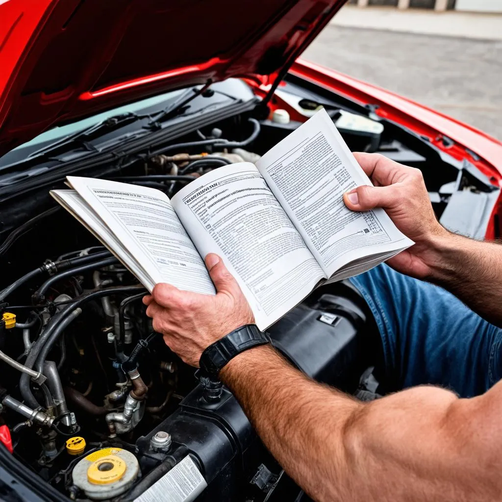 Mann liest Reparaturanleitung für ein Auto