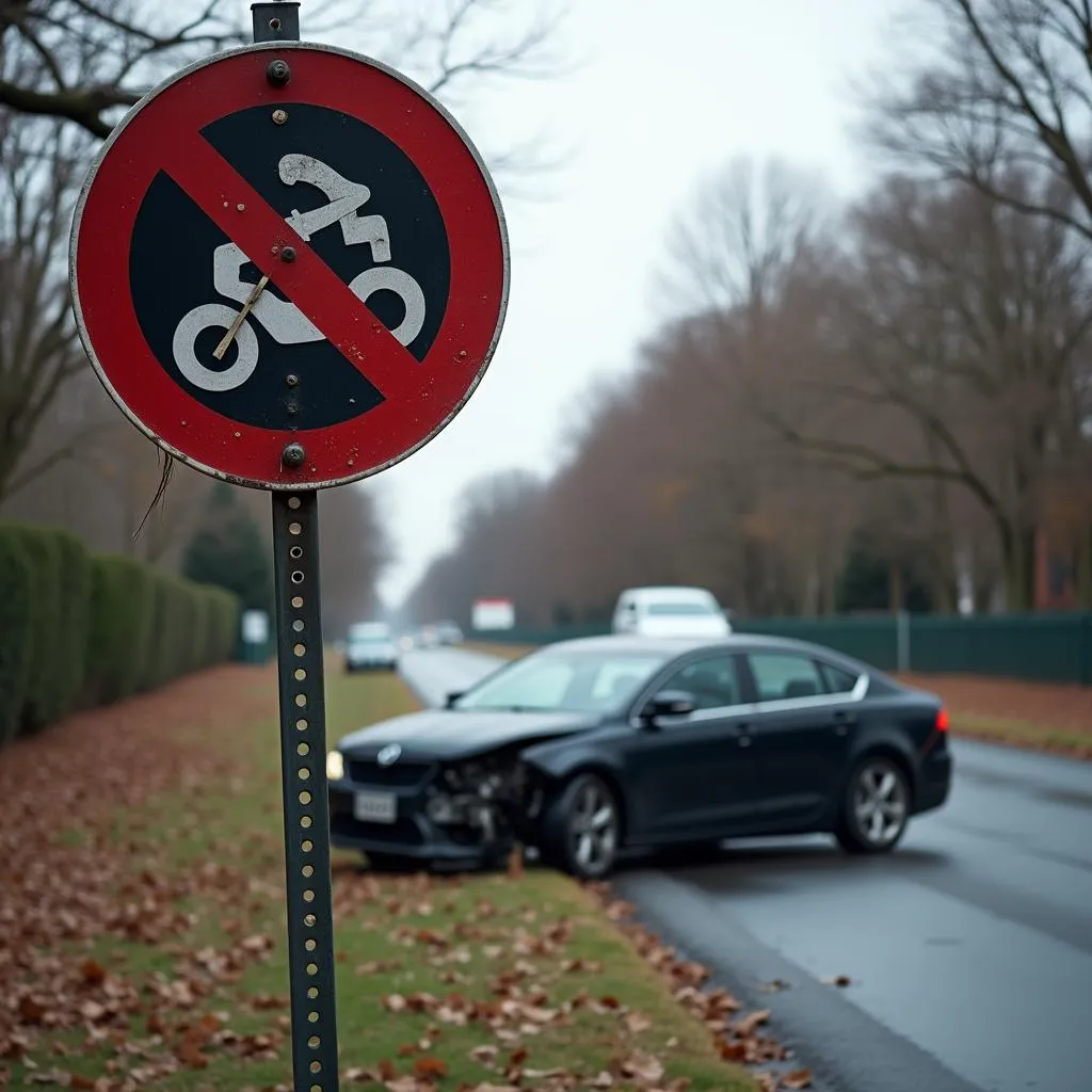 Auto nach Unfall an einem schwarzen Verkehrsschild