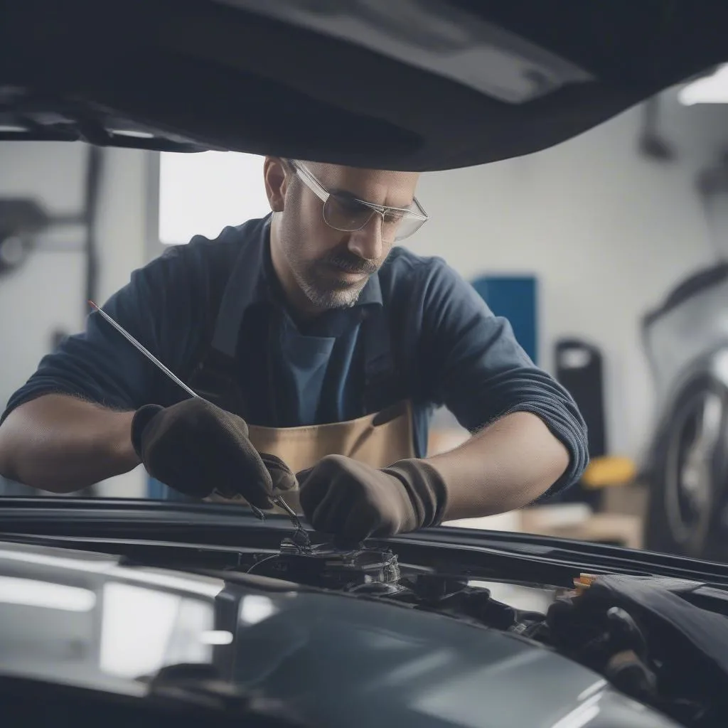 Reparatur eines Steinschlags in einer Autowerkstatt.