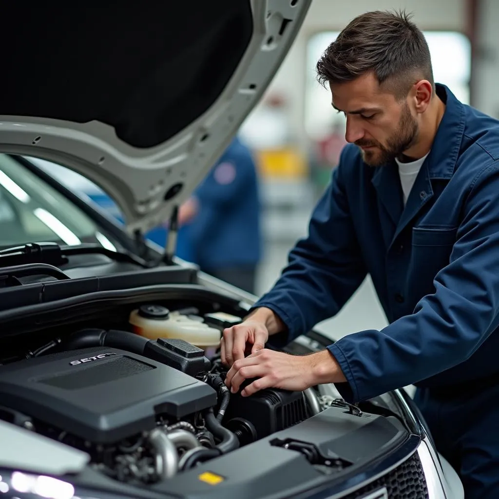 Automechaniker arbeitet an einem Seat Leon Motor