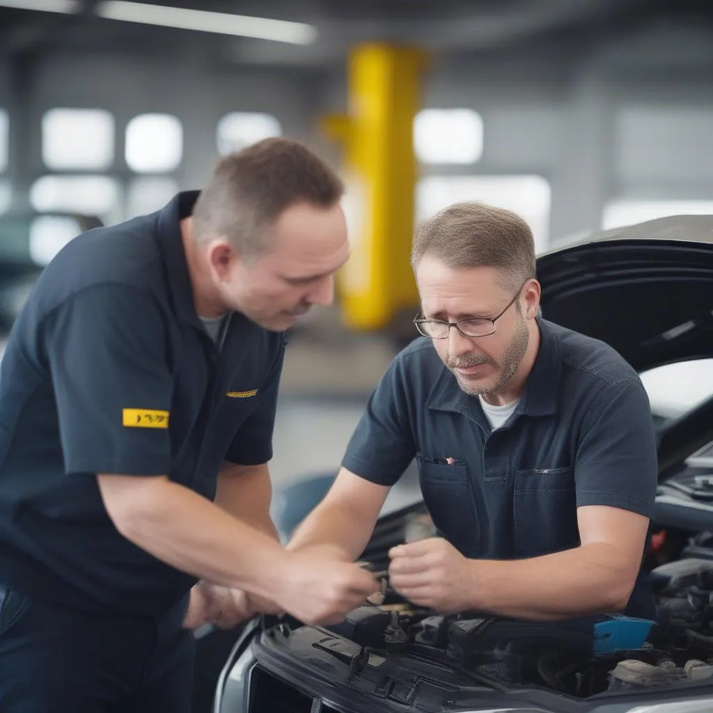 Automechaniker berät Kunden