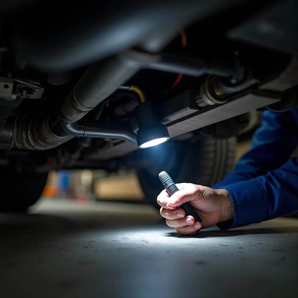 Automechaniker untersucht den Fahrzeugboden