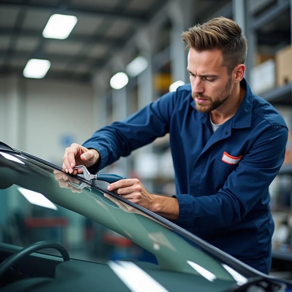 Automechaniker untersucht Riss in Autoscheibe