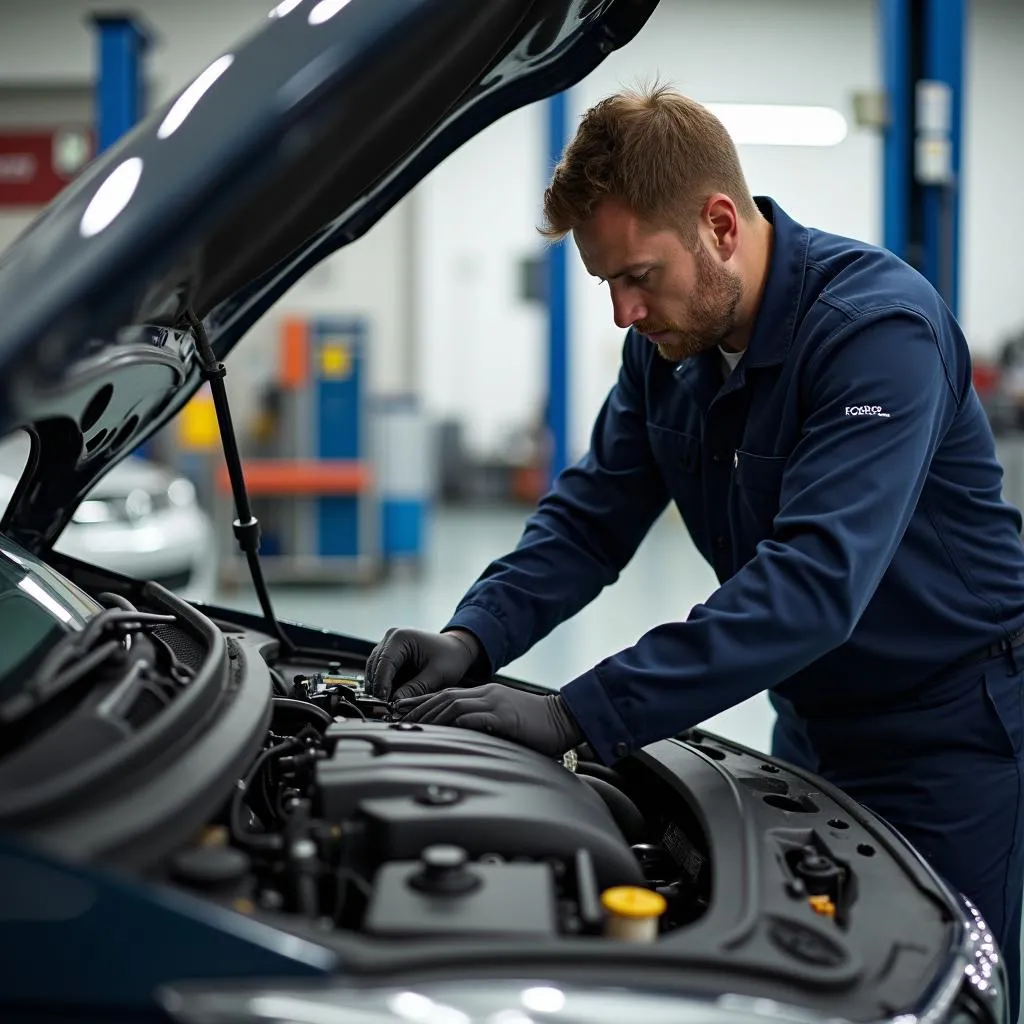 Auto Reparatur Mainz: Ein Mechaniker inspiziert den Motorraum eines Fahrzeugs.