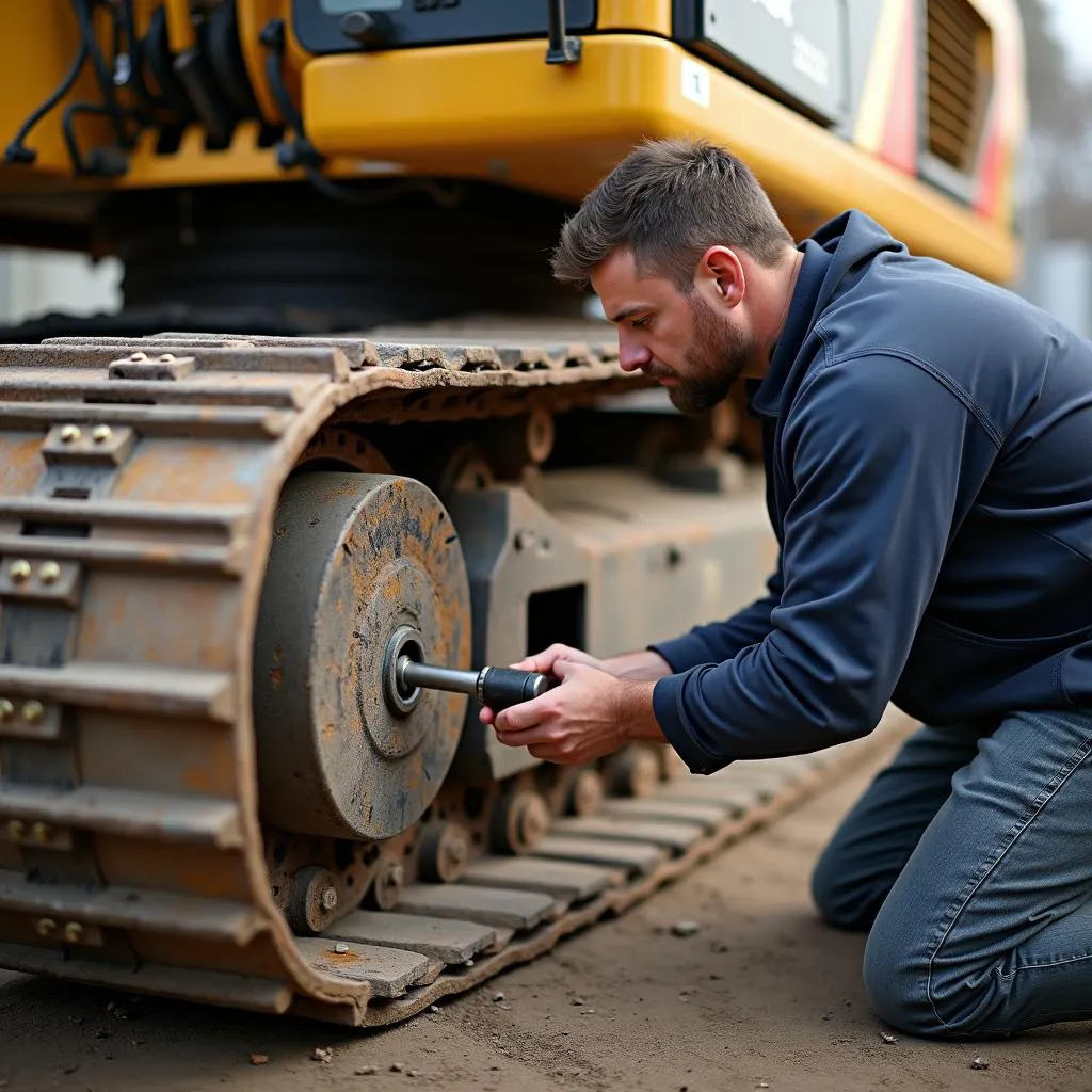 Mechaniker baut einen neuen Kettenspanner in einen Bagger ein.