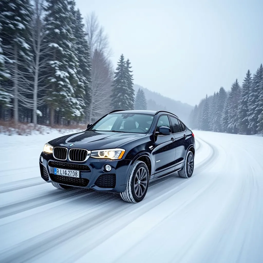 BMW X4 mit Winterreifen auf verschneiter Strasse