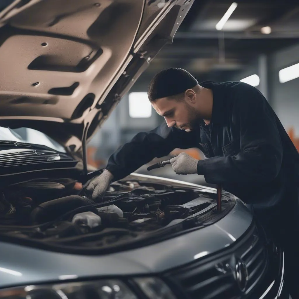 Car Mechanic Repairing Engine