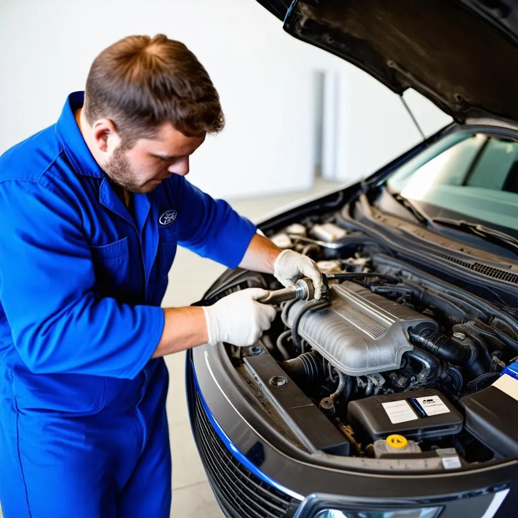 Car Mechanic Working On Ford Engine