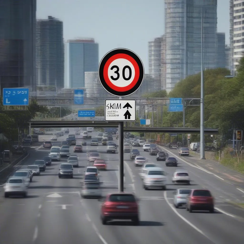 City traffic with a speed limit sign