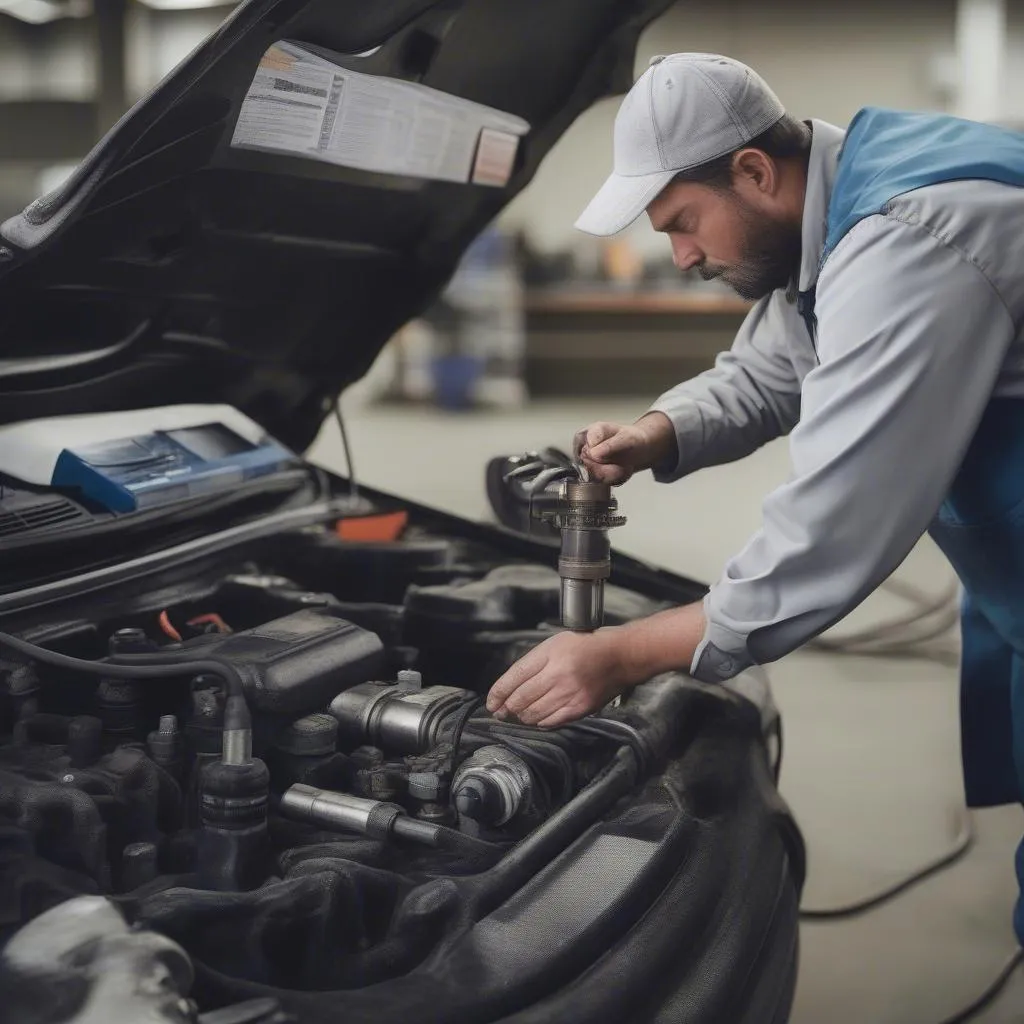 Ein Mechaniker untersucht einen Dieselinjektor