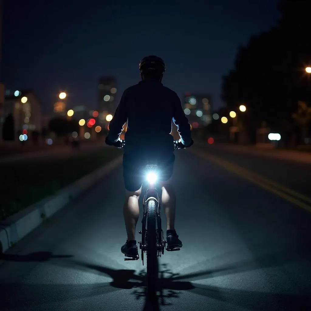 Fahrradfahrer mit smarter Beleuchtung in der Stadt bei Nacht