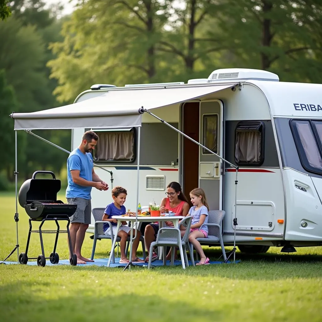 Familie mit kleinem Eriba Wohnwagen auf einem Campingplatz