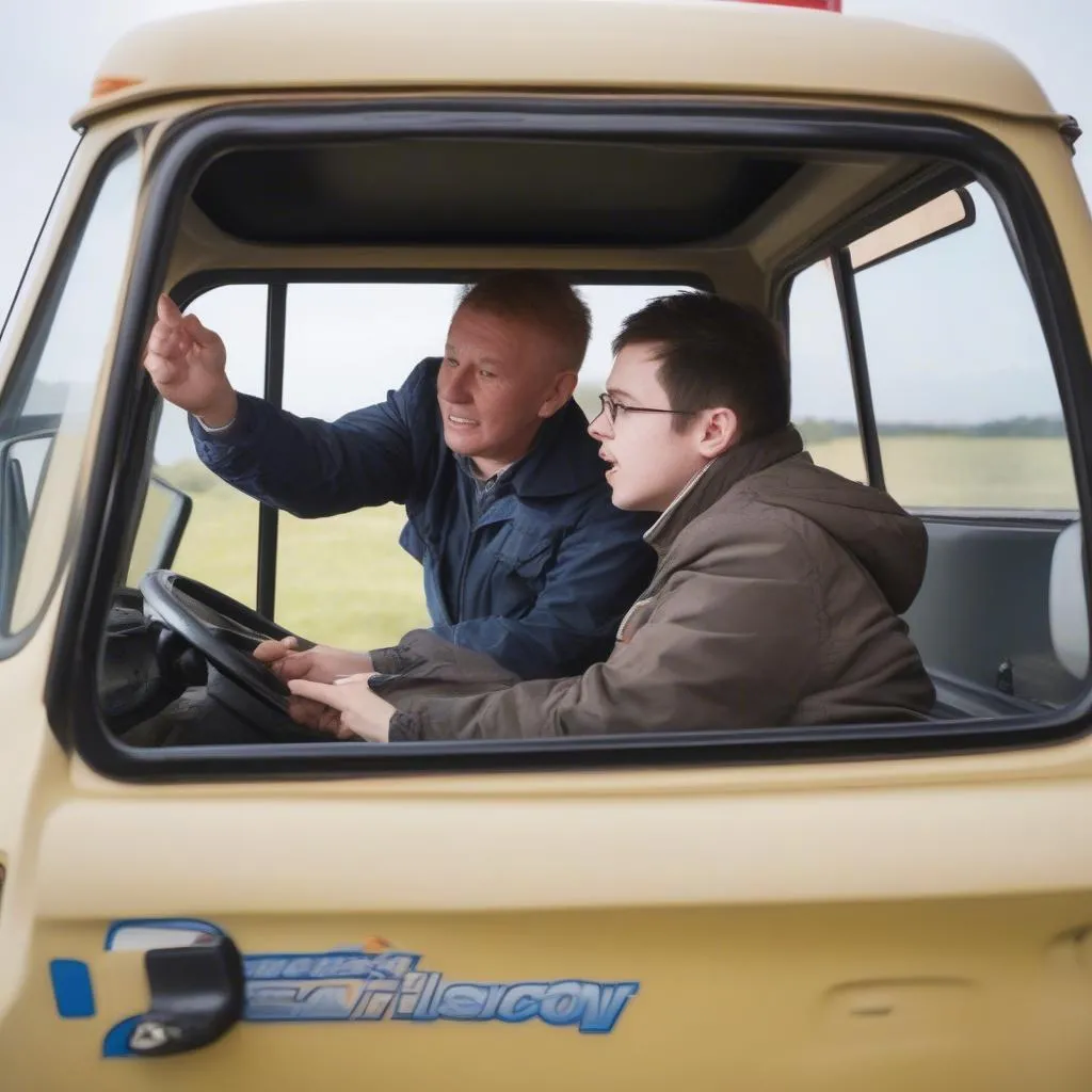 Fahrlehrer erklärt einem Fahrschüler im Führerhaus eines LKW etwas.