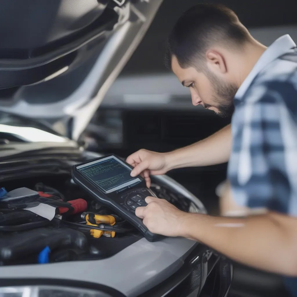 Kfz-Mechaniker analysiert Fahrzeugfehler mit Diagnosegerät