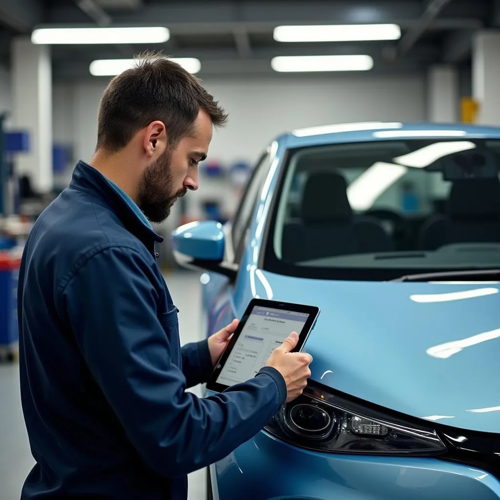 Kfz-Mechaniker mit Tablet am Renault Zoe