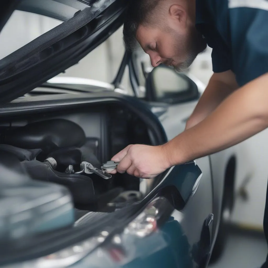 Kfz-Mechaniker bei der Montage eines neuen Autoschlosses