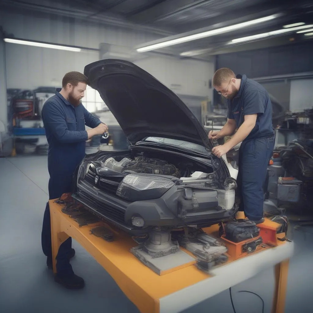 Kfz-Mechatroniker bei der Arbeit an einem Dacia Spring 2