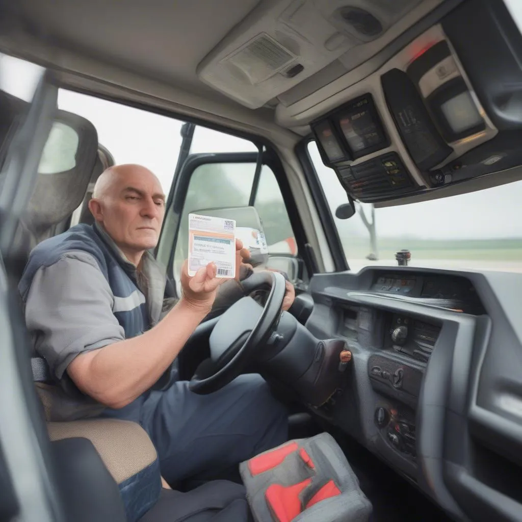 Ein LKW-Fahrer hält seine Fahrerkarte in der Hand und betrachtet das Display des digitalen Tachos