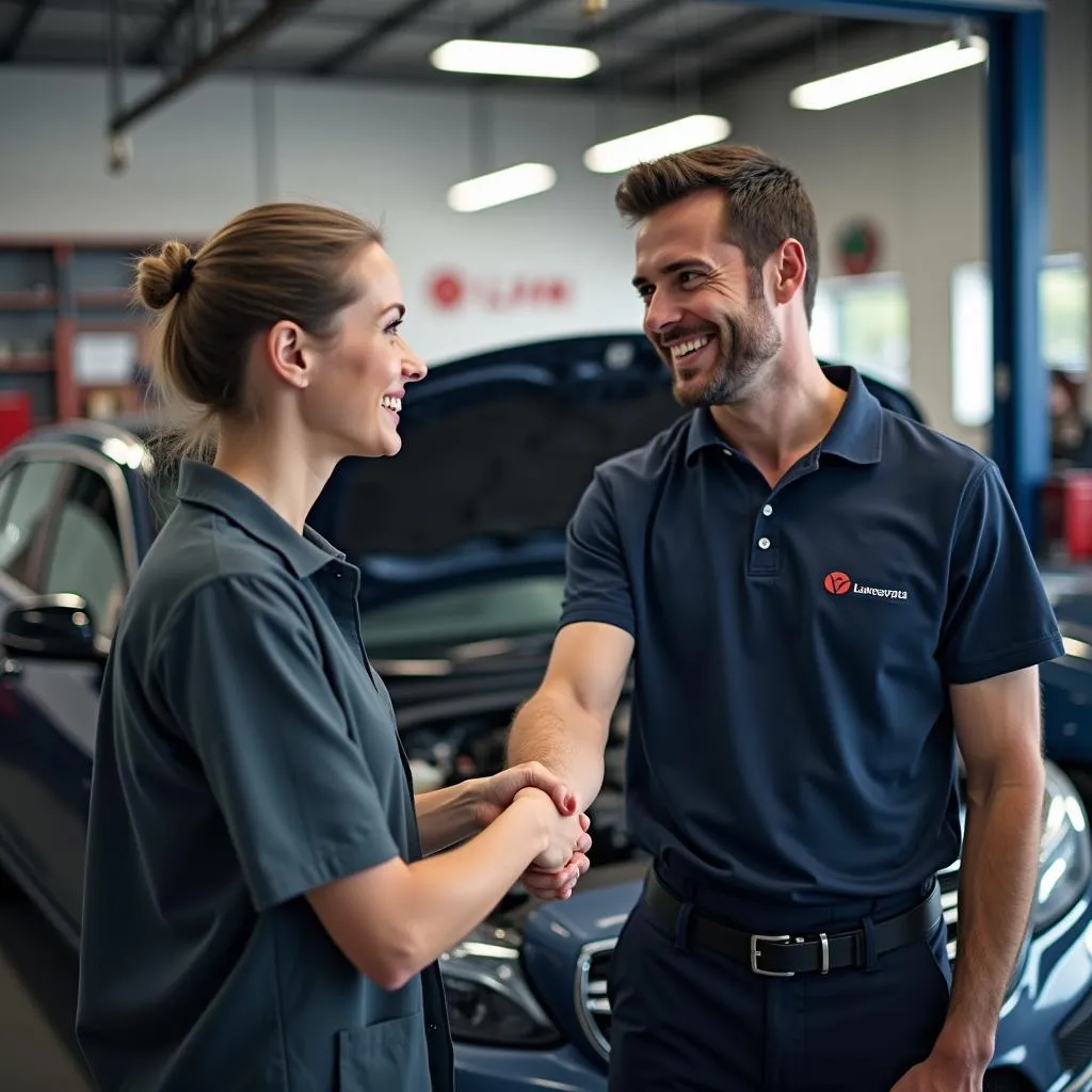 Zufriedene Kunden in einer Kfz-Werkstatt dank reibungsloser Schadenabwicklung durch die LVM Auto Versicherung.