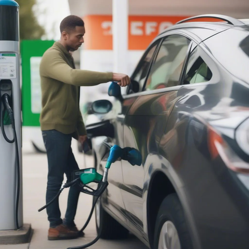 Mann tankt seinen Plug-in-Hybrid an einer Tankstelle