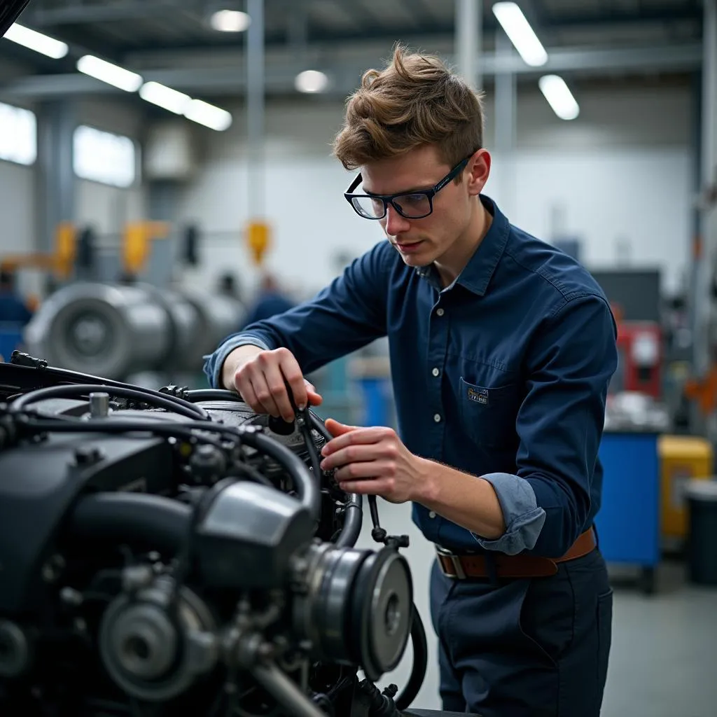 Maschinenbau-Student arbeitet an BMW Motor