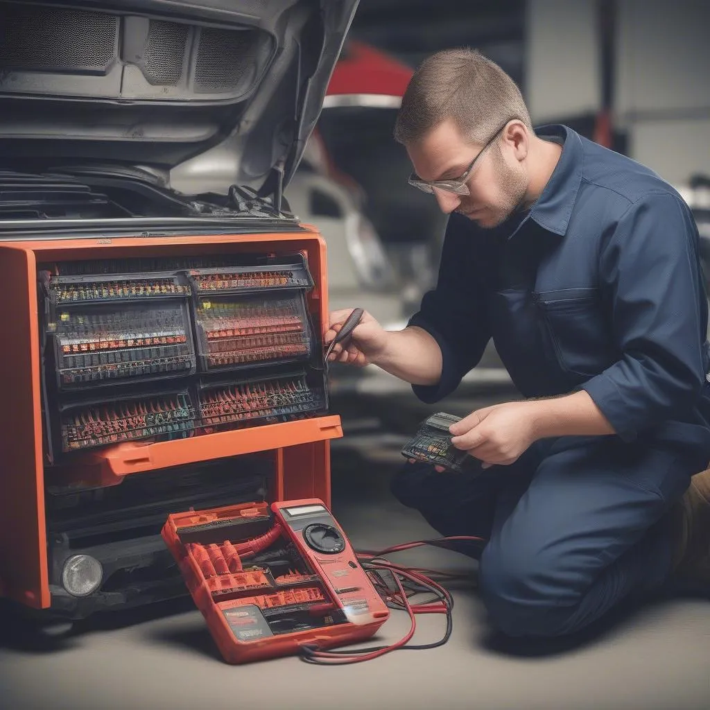 Mechaniker prüft Auto-Sicherungskasten