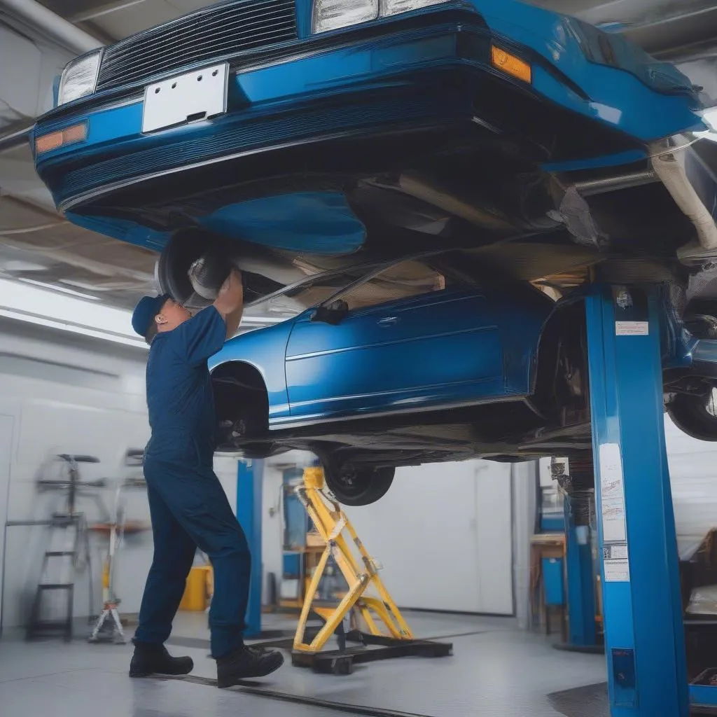 Mechanic inspecting car