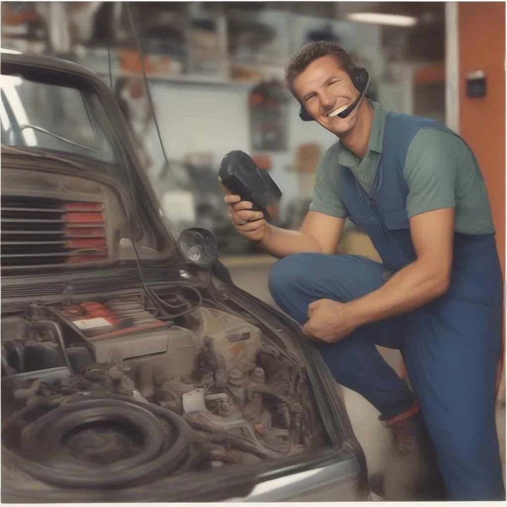 Mechanic talking on phone