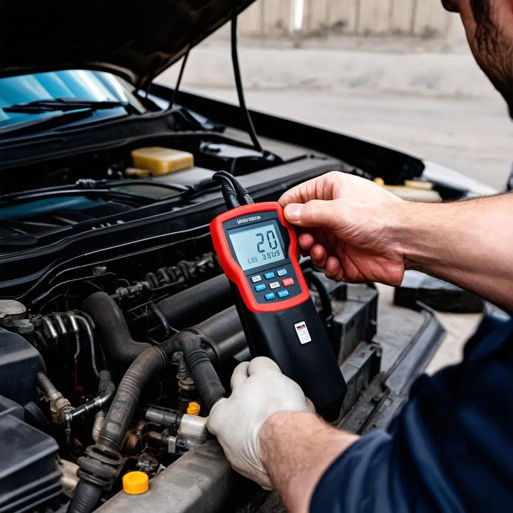 Mechanic using diagnostic tool