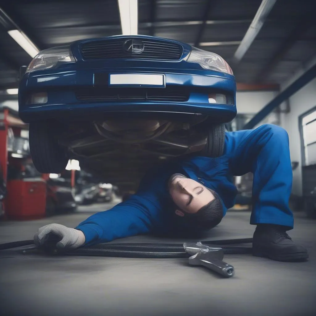 mechanic working under car garage