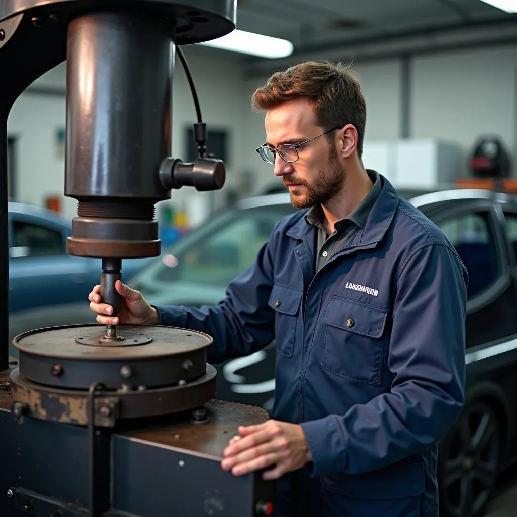 Kfz-Mechaniker bedient eine Autopresse in einer Werkstatt