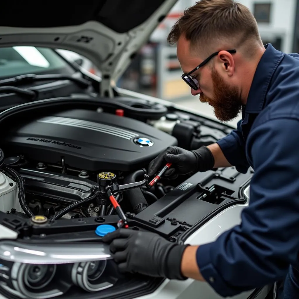 Mechaniker arbeitet an BMW Motor