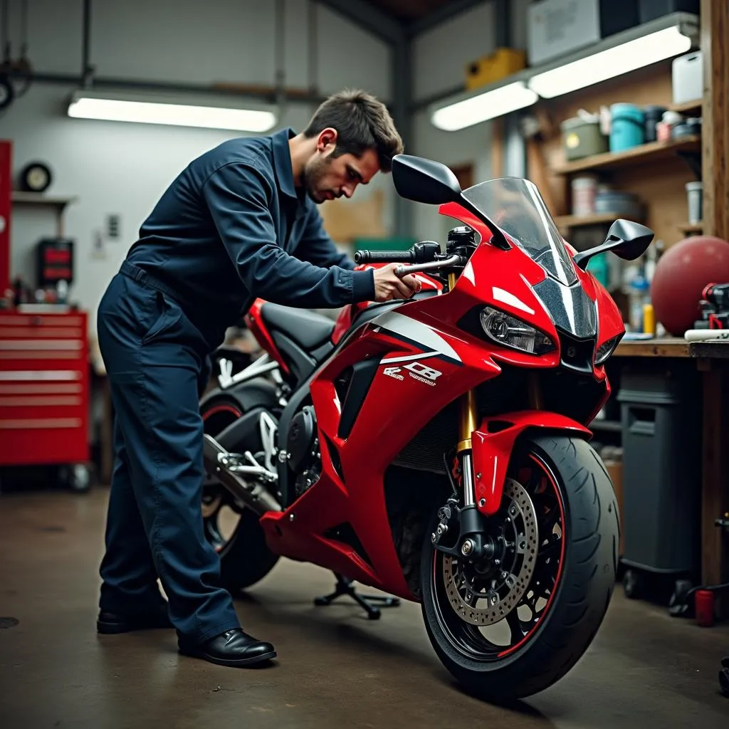 Mechaniker arbeitet an einer Honda CBR 600 RR