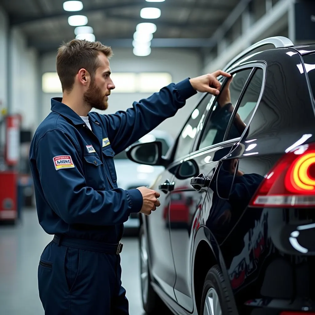 Mechaniker checkt Auto mit Werbung