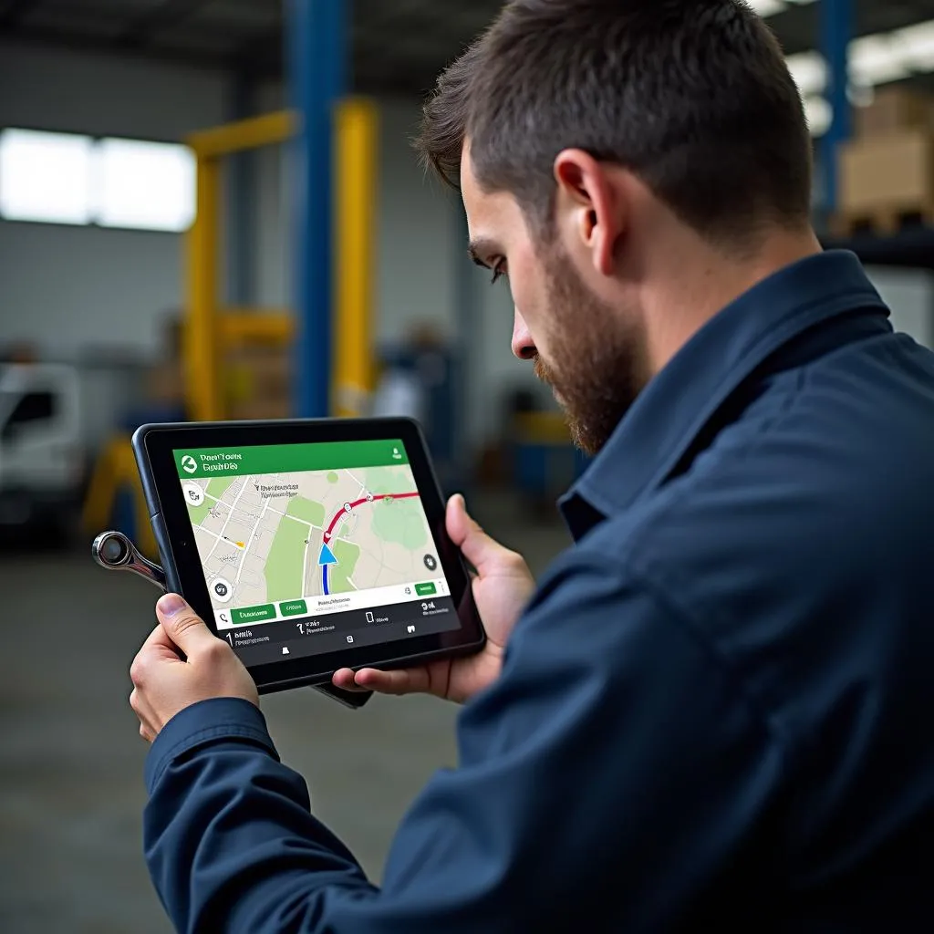 Mechaniker nutzt TomTom auf Android Tablet in Werkstatt