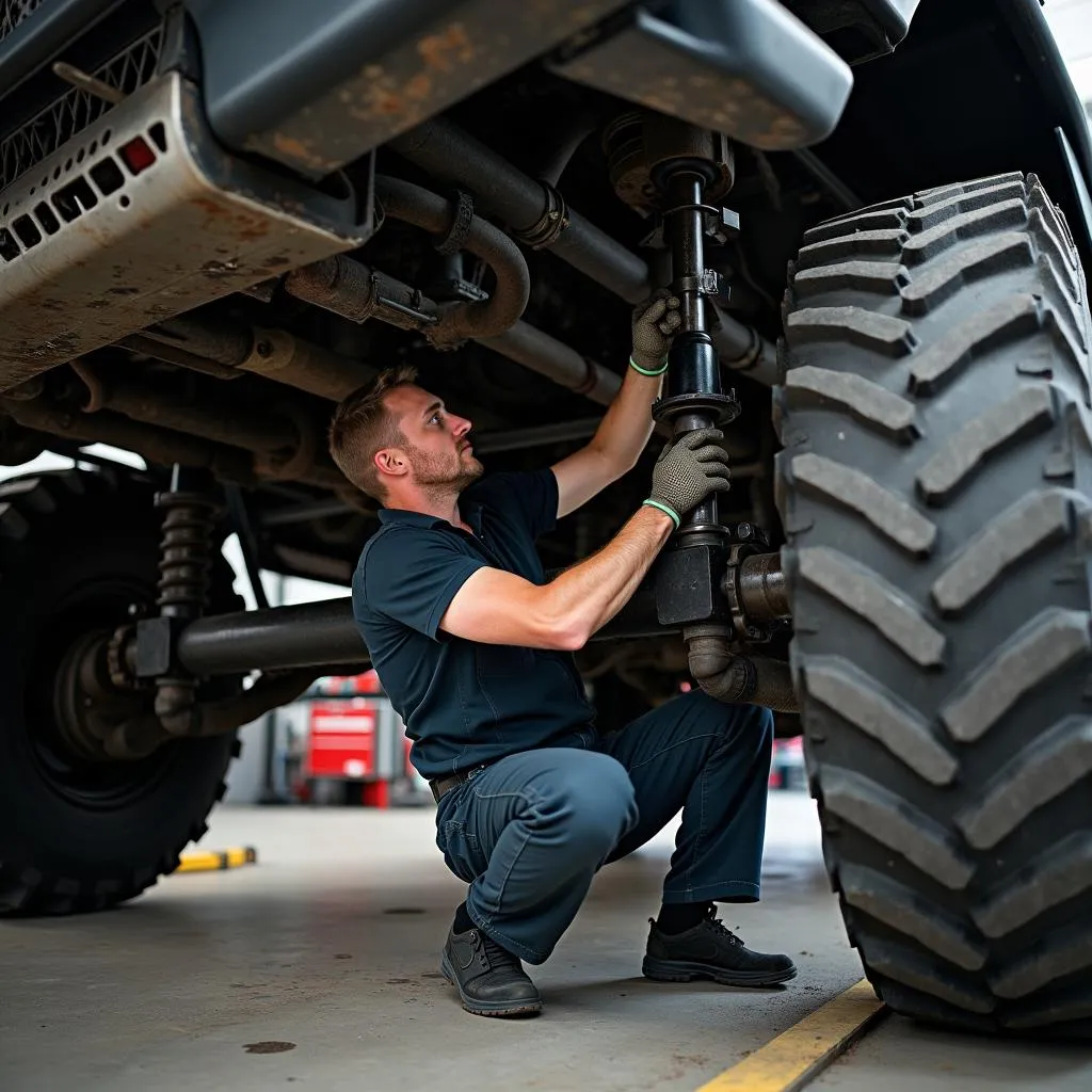 Mechaniker bei der Arbeit an einem 6x6 Fahrzeug