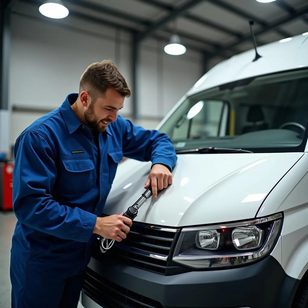 Ein Mechaniker repariert die Motorhaube eines VW T5