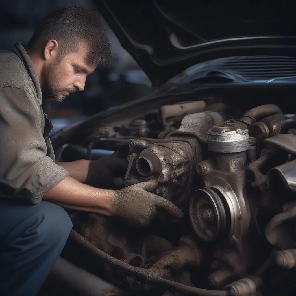 Automechaniker inspiziert einen Motor auf einem Schrottplatz